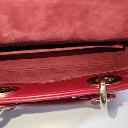 DIOR Lady D-Joy Small Red Lamb Skin Quilted Cannage Five-Panel Shoulder Bag with Detachable Strap, Gold Hardware-(SKU)-958281781