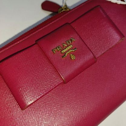 PRADA Fiocco Bow Red Leather Crosshatch Embossed Wallet Golden hardware-(SKU)-939810671