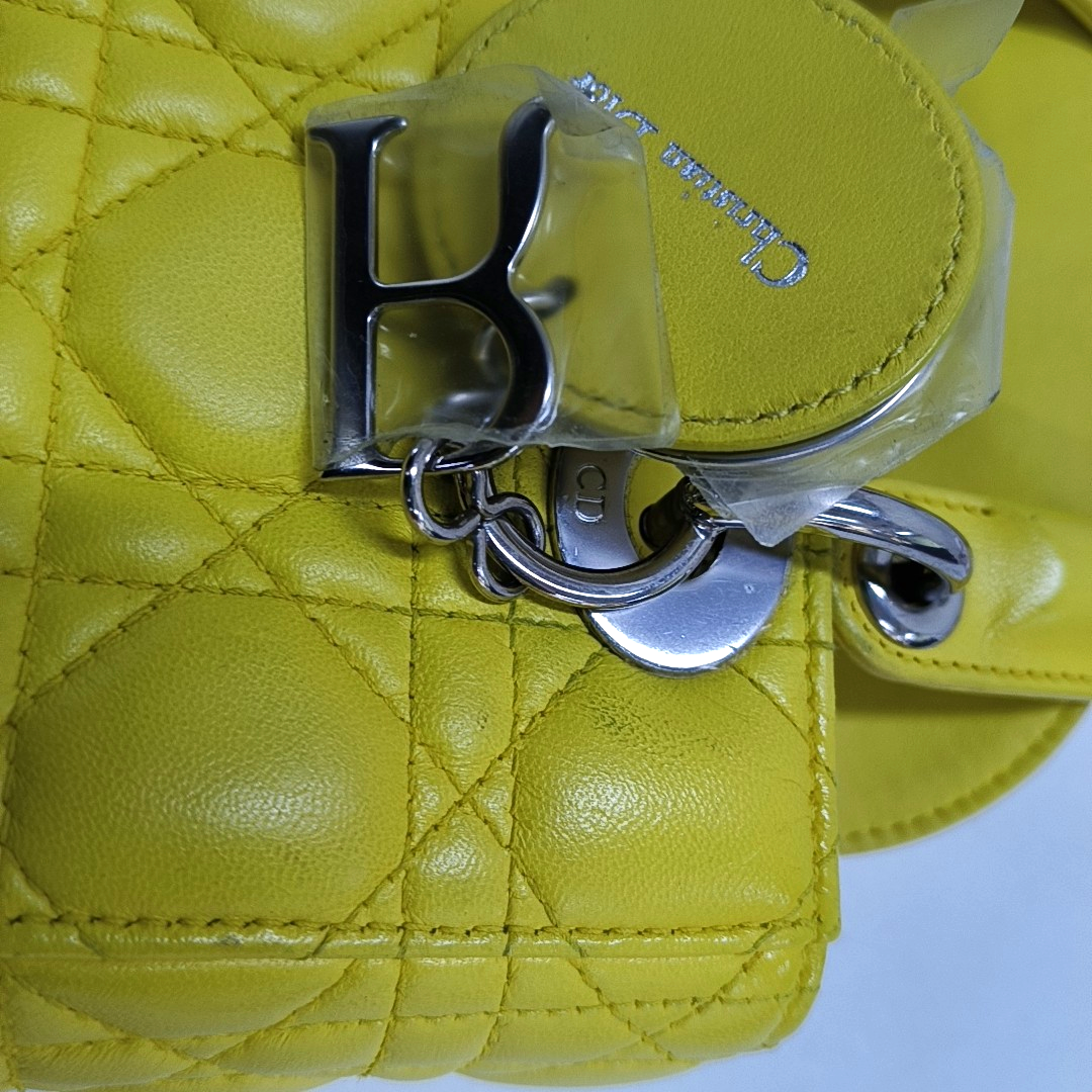 DIOR Lady Dior Small Size Yellow Lamb Skin Cannage Quilted Diaper Bag Crossbody Shoulder Bag Handbag Silver Hardware Removable Strap-(SKU)-962480744