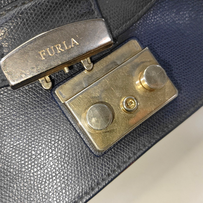 FURLA Metropolis Dark Blue Leather Grooved Handbag with Sling and Shoulder Golden hardware-(SKU)-929659818