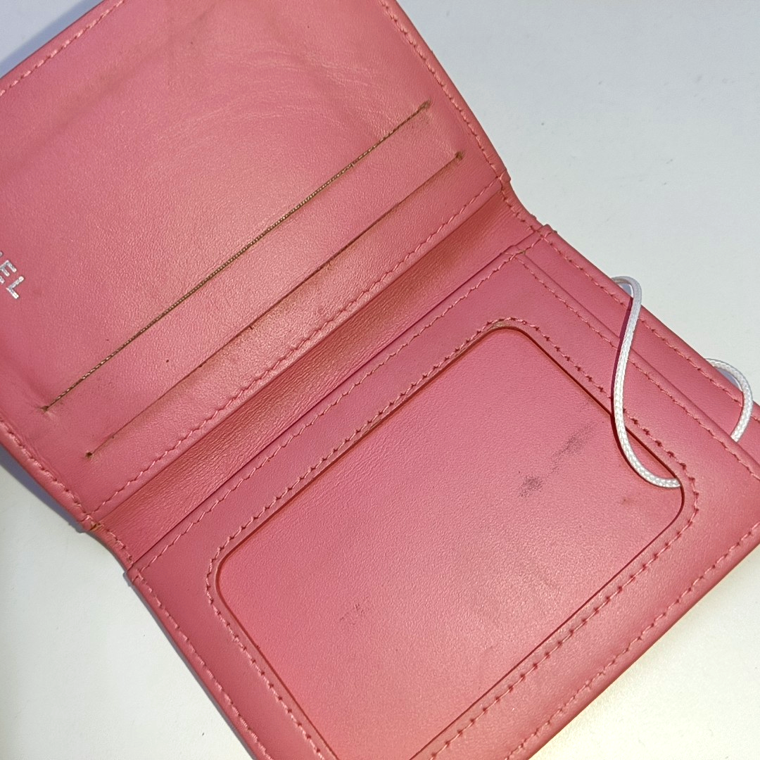 CHANEL Tangerine-Pink Patent Leather Diamond Quilted Card Holder Silver Hardware 21nan-(SKU)-959930843