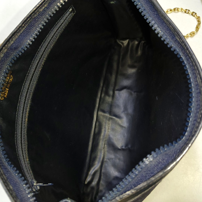 CELINE Dark Blue Canvas Floral Handbag Golden hardware-(SKU)-950300575