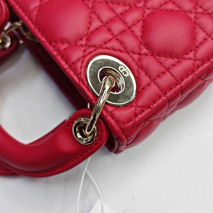 DIOR Lady Dior Super Mini Red Lamb Skin Cannage Embossed Three Compartment Crossbody Shoulder Bag Gold Hardware Removable Strap-(SKU)-952282248