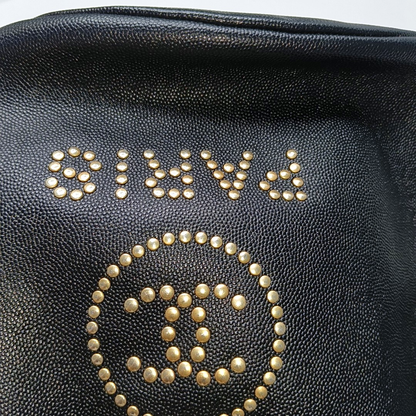 CHANEL DEAUVILLE Black Caviar Leather Studs Shoulder Bag Gold Hardware 28 Clasp-(SKU)-953026430