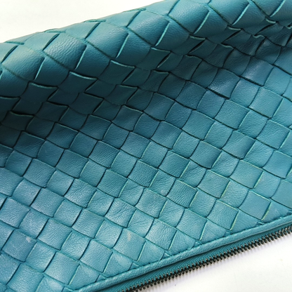 BOTTEGA VENETA Blue-Green Sheepskin Woven Handbag Black hardware-(SKU)-951463854