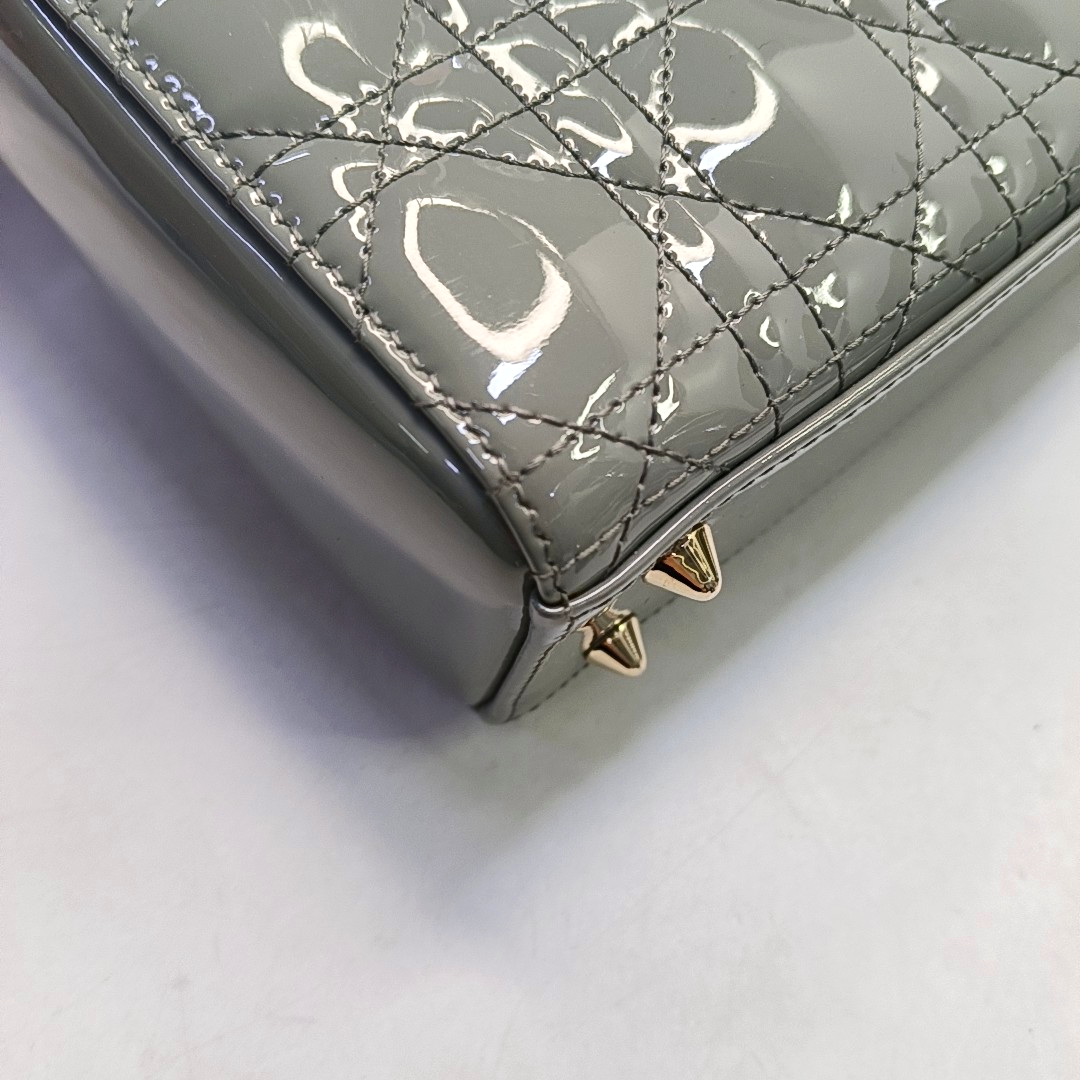 DIOR Lady Dior Small Size Blue Gray Patent Leather Cannage Quilted Diorella Shoulder Bag Tote Crossbody Bag with Detachable Strap-(SKU)-945787719