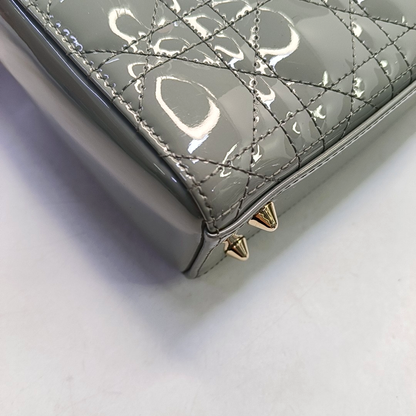 DIOR Lady Dior Small Size Blue Gray Patent Leather Cannage Quilted Diorella Shoulder Bag Tote Crossbody Bag with Detachable Strap-(SKU)-945787719