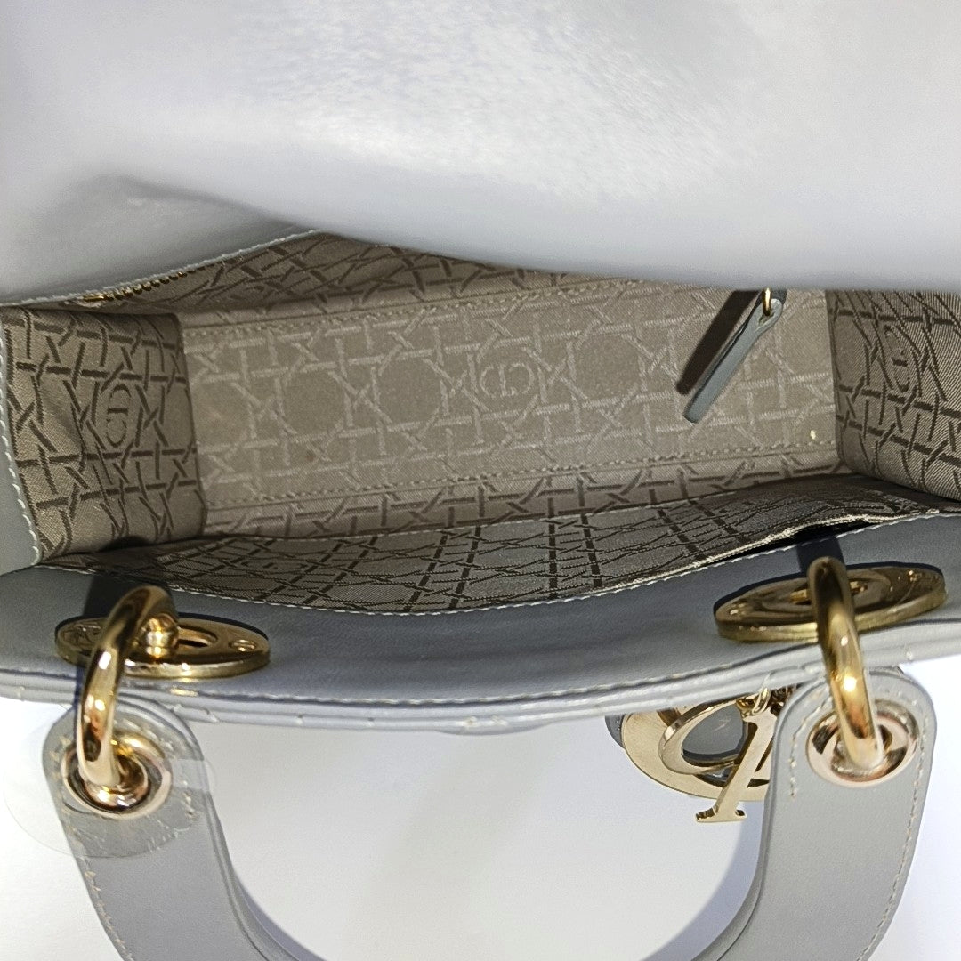 DIOR Lady Dior Small Grey Lamb Skin Quilted Cannage Diorever Shoulder Bag Tote Bag Crossbody Bag with Gold Hardware and Detachable Shoulder Strap, Complete Accessories-(SKU)-968155280