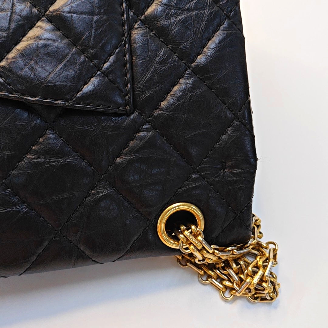 CHANEL 2.55 Large Black Calfskin Quilted Single Shoulder Bag Crossbody with Gold Hardware, 14 Clasp-(SKU)-969102253