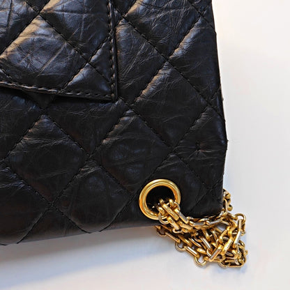 CHANEL 2.55 Large Black Calfskin Quilted Single Shoulder Bag Crossbody with Gold Hardware, 14 Clasp-(SKU)-969102253