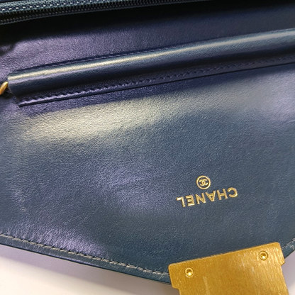 CHANEL MEDAL ENVELOPE Dark Blue Calfskin Quilted V-Shape Shoulder Bag with Gold Hardware-(SKU)-963604002