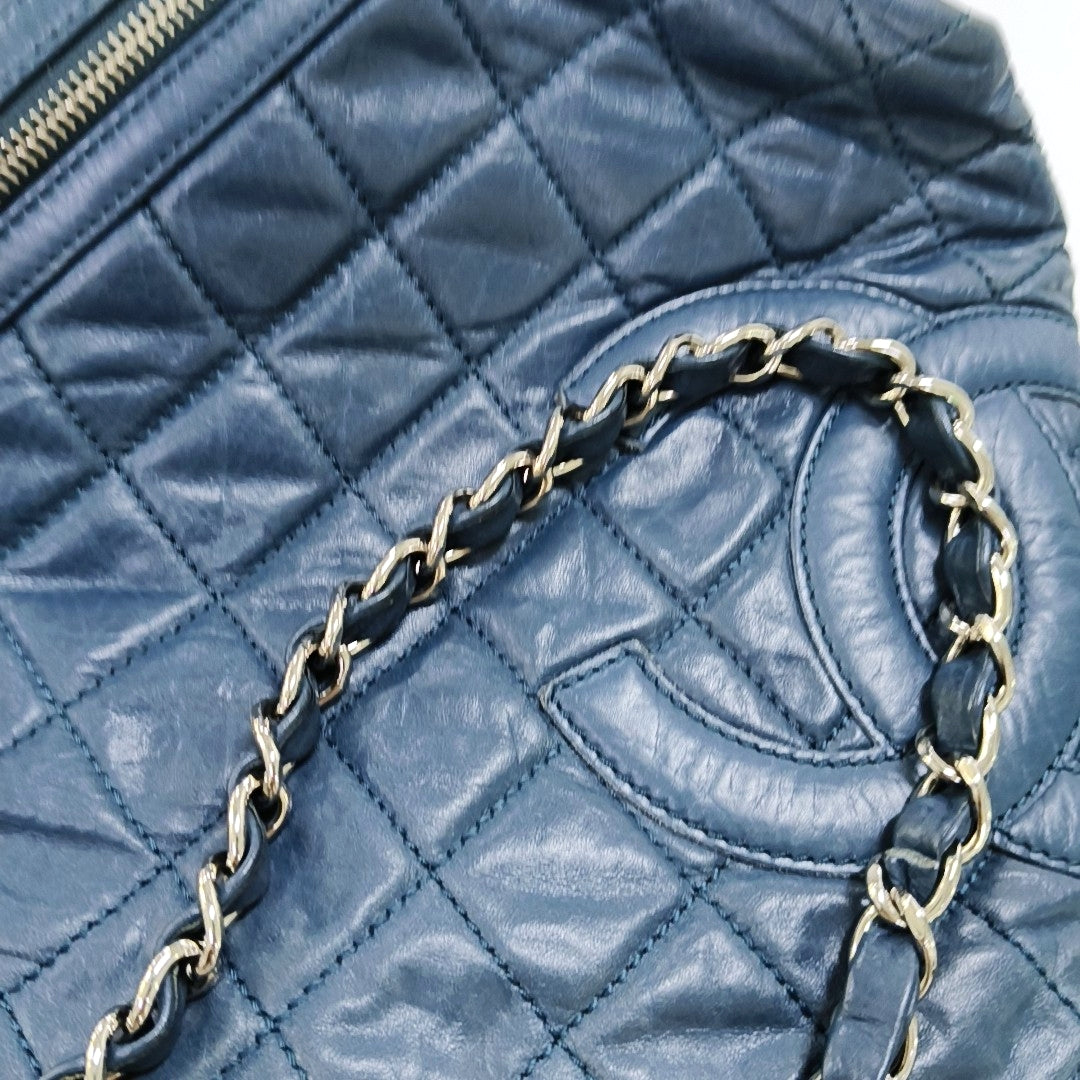CHANEL CAMBON Blue Leather Quilted Diamond Pattern Single Shoulder Bag Silver Hardware 11 Clasp 2 Removable Shoulder Straps-(SKU)-966736811