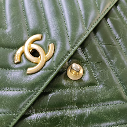 CHANEL COCO HANDLE Large Green Calfskin Quilted V Pattern Single Shoulder Bag Handbag Detachable Strap-(SKU)-963065464