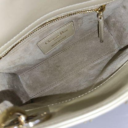 DIOR Lady Dior mini champagne lamb skin Cannage pattern three-compartment crossbody bag, shoulder bag with gold hardware and detachable strap-(SKU)-963332269
