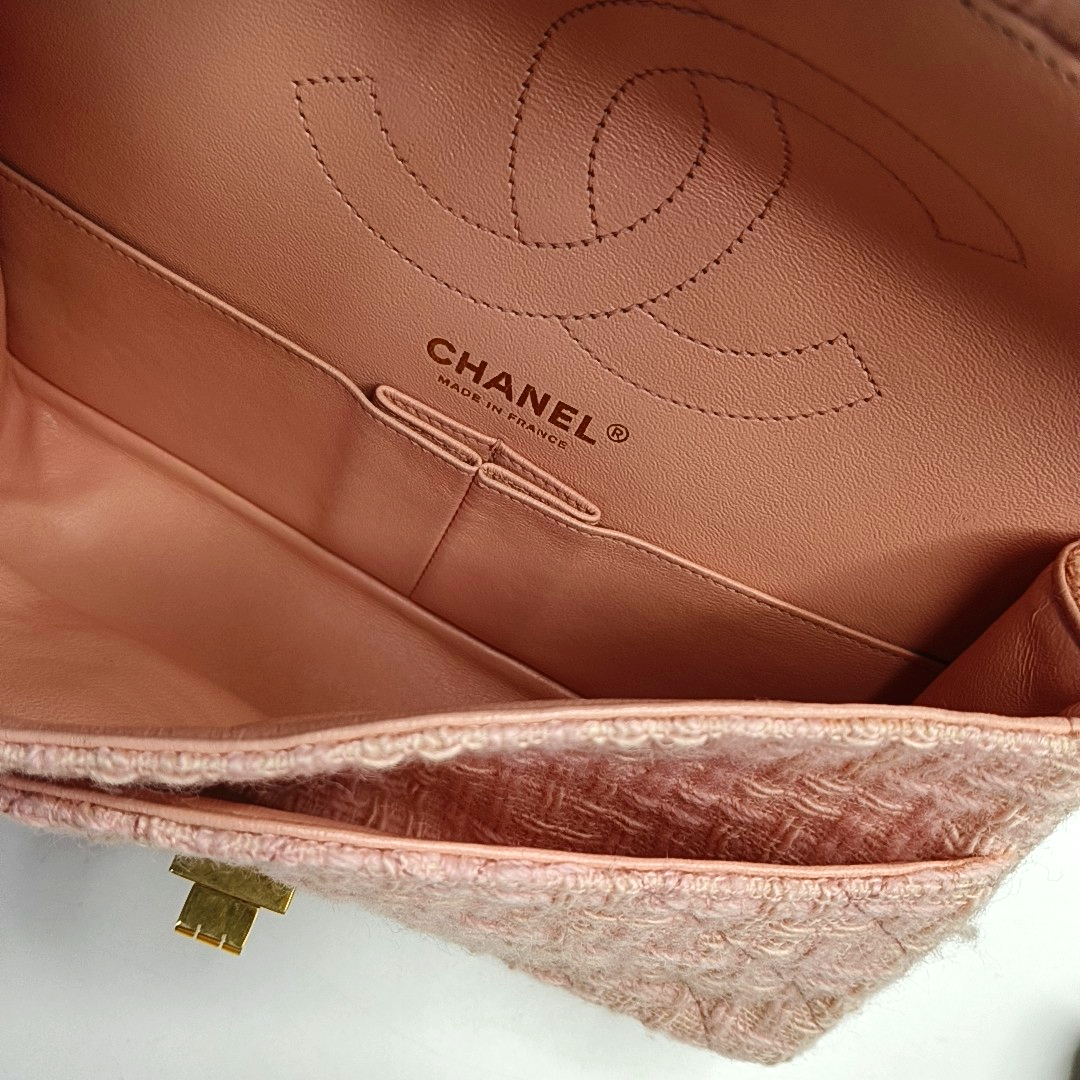 CHANEL 2.55 Small Light Pink Fabric Quilted Chain Shoulder Bag Crossbody Bag with Gold Hardware 23 Clasp-(SKU)-960446788