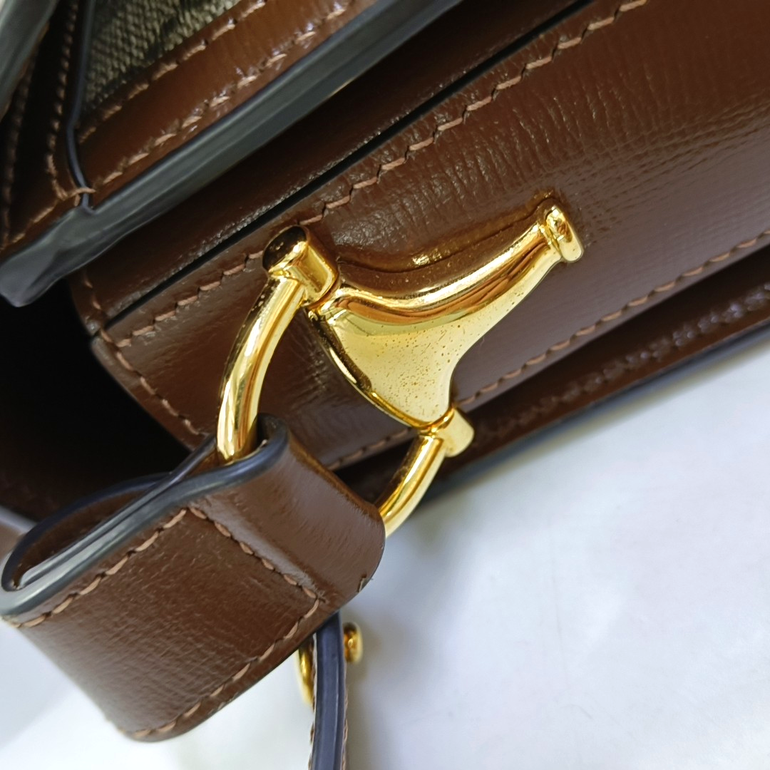 GUCCI Horsebit 1955 Small Size Khaki Coated Canvas Monogram Printed Saddle Bag Crossbody Bag Shoulder Bag Gold Hardware-(SKU)-958962620