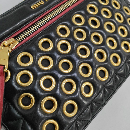 Miu Miu Black Sheepskin Quilted Studs Crossbody Shoulder Bag Clutch Golden hardware Removable shoulder strap-(SKU)-949793506