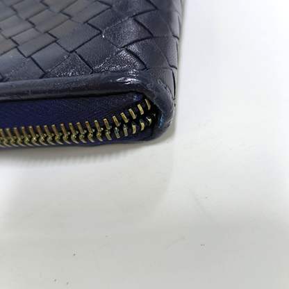BOTTEGA VENETA Veneta Navy Blue Cowhide Braided Wallet Black hardware-(SKU)-943401701