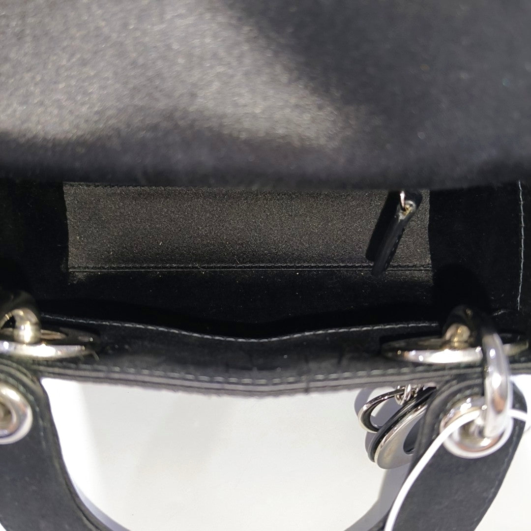 DIOR Lady Dior Mini Size Black Satin Cannage Quilted Diaper Bag Crossbody Shoulder Bag Handbag Silver Hardware Removable Strap-(SKU)-968261144