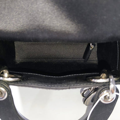 DIOR Lady Dior Mini Size Black Satin Cannage Quilted Diaper Bag Crossbody Shoulder Bag Handbag Silver Hardware Removable Strap-(SKU)-968261144