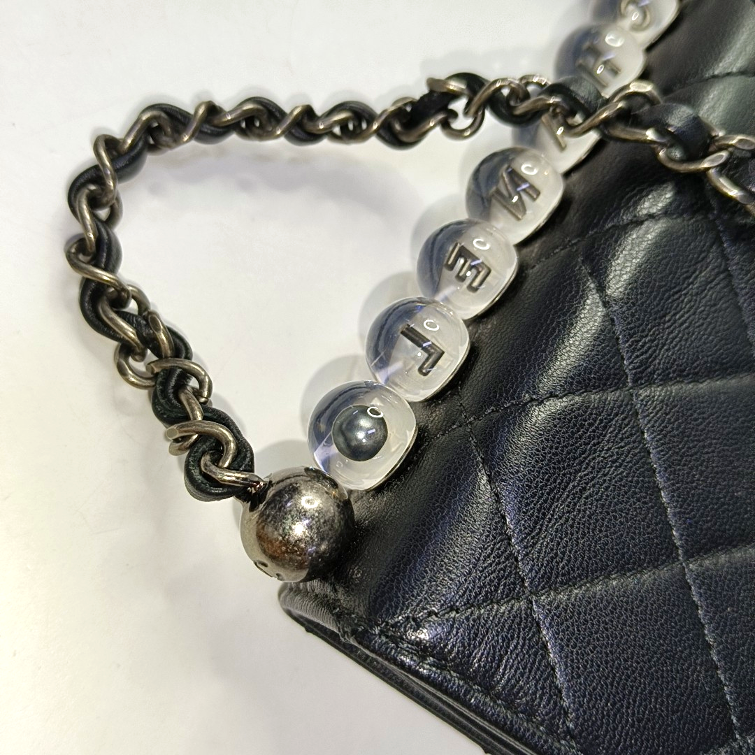 CHANEL CLASSIC VERTICAL PEARL Small Size Black Lamb Skin Quilted Crossbody Shoulder Bag Silver Hardware 29 Clasp-(SKU)-957700212