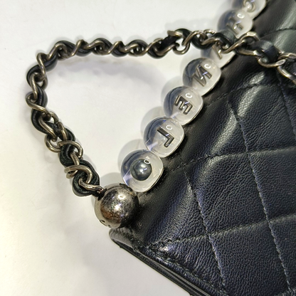 CHANEL CLASSIC VERTICAL PEARL Small Size Black Lamb Skin Quilted Crossbody Shoulder Bag Silver Hardware 29 Clasp-(SKU)-957700212