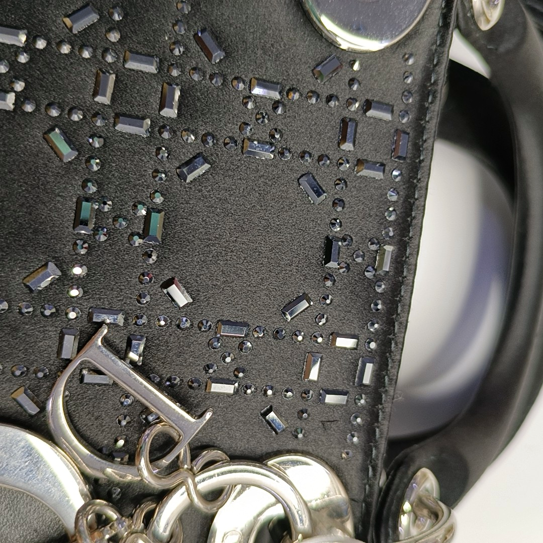 DIOR Lady Dior Mini Black Satin Cannage Quilted Three-Panel Hobo Bag Handbag Crossbody Bag Silver Hardware Removable Shoulder Strap-(SKU)-962820040