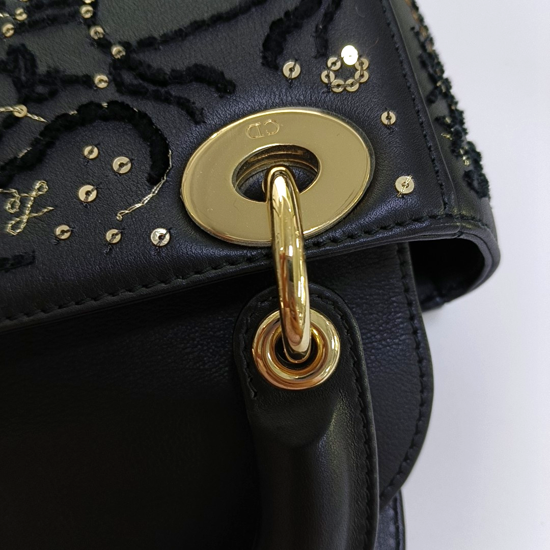 DIOR Lady Dior Mini Black Calfskin Embroidered Weaved Dior Bag Crossbody Shoulder Bag with Gold Hardware, Detachable Strap-(SKU)-965267708