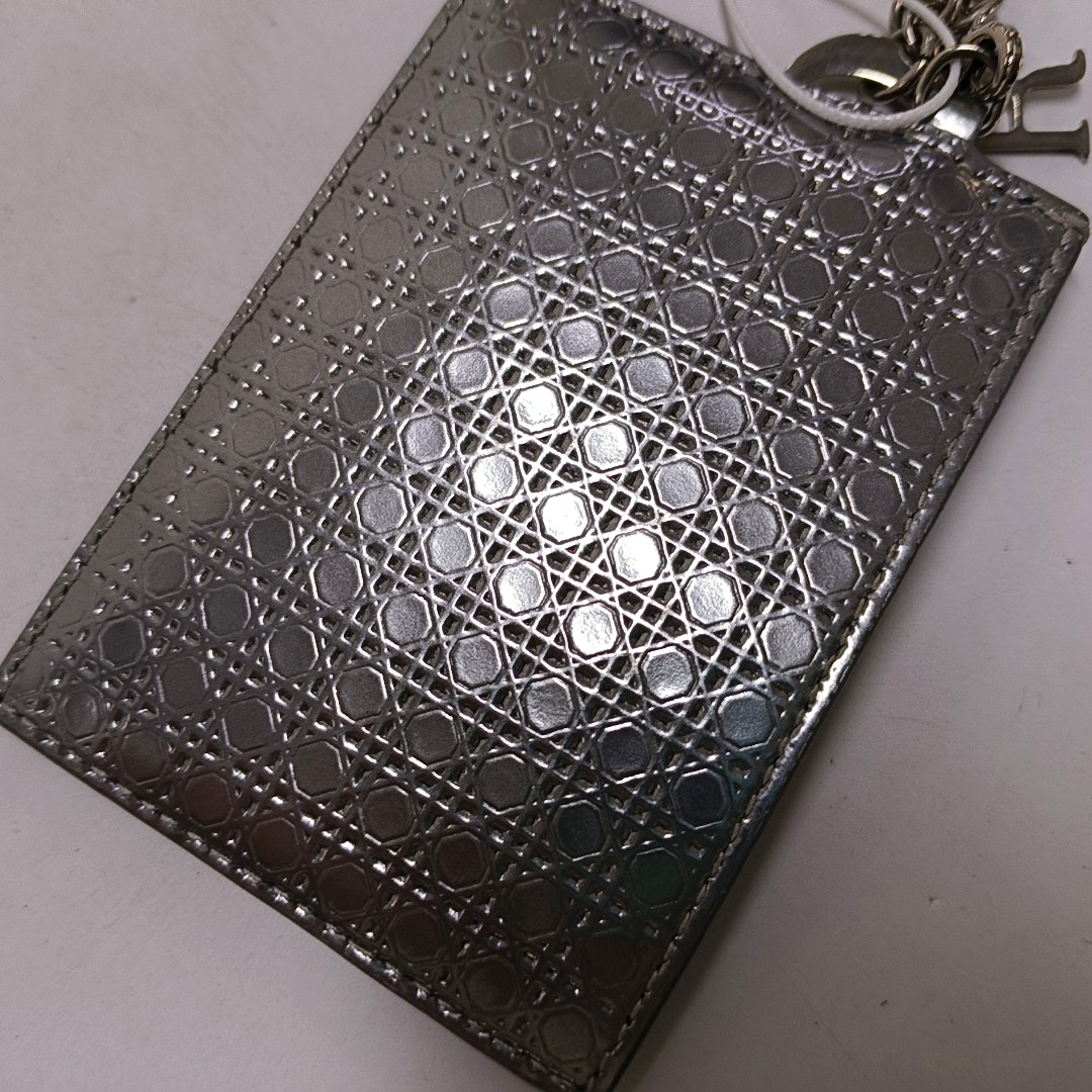DIOR Lady Dior Silver Patent Leather Woven Quilted Diagonal Card Case Silver Hardware-(SKU)-941217354