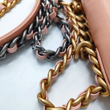 CHANEL CHANEL 19 Small Pink Lamb Leather Quilted Stitch Shoulder Bag Tote Bag Crossbody Bag Gold Rhodium Hardware 29 Clasp-(SKU)-954435140