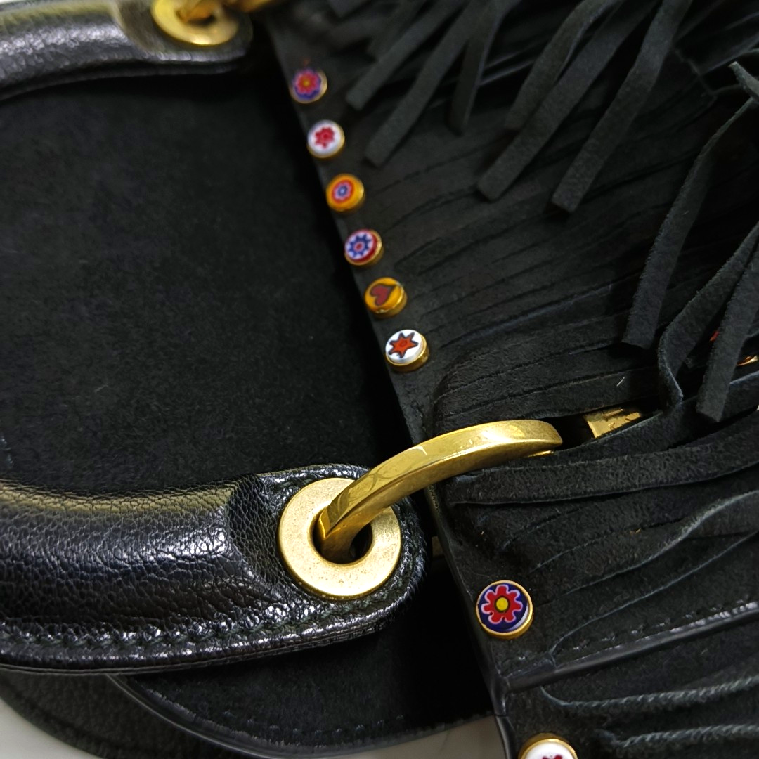 DIOR Lady Dior Mini Black Suede Leather Studded Fringe Crossbody Bag with Gold Hardware, Detachable Strap-(SKU)-961788599