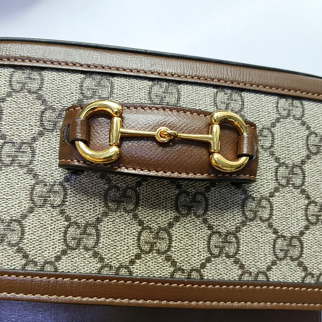 GUCCI Horsebit 1955, khaki coated canvas monogram horsebit shoulder bag, handbag with golden hardware and detachable strap, complete accessories-(SKU)-966902427