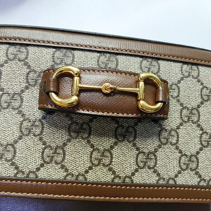 GUCCI Horsebit 1955, khaki coated canvas monogram horsebit shoulder bag, handbag with golden hardware and detachable strap, complete accessories-(SKU)-966902427