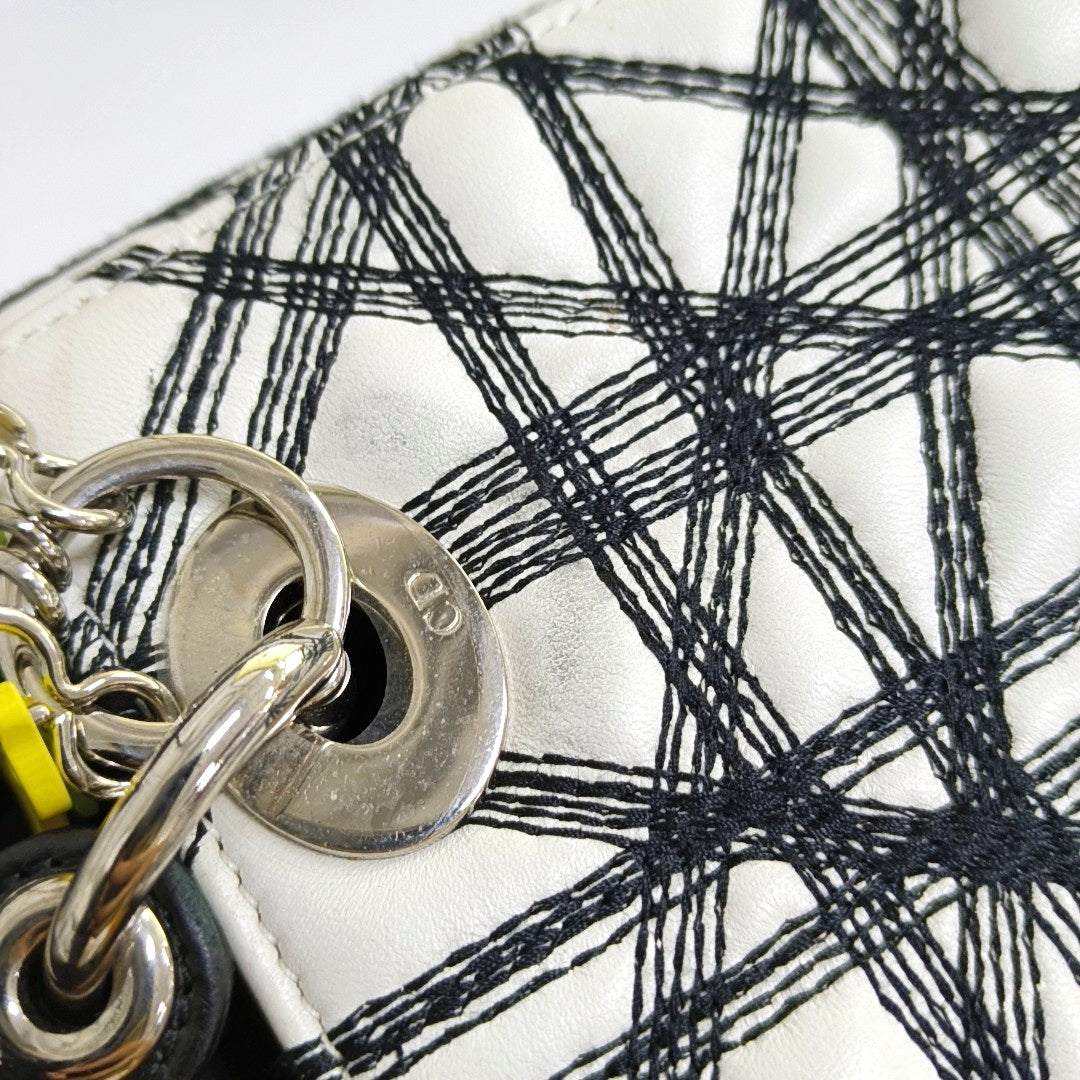 DIOR Lady Dior White Lamb Leather Printed Shoulder Bag Crossbody Bag Silver Hardware Removable Strap-(SKU)-969826731