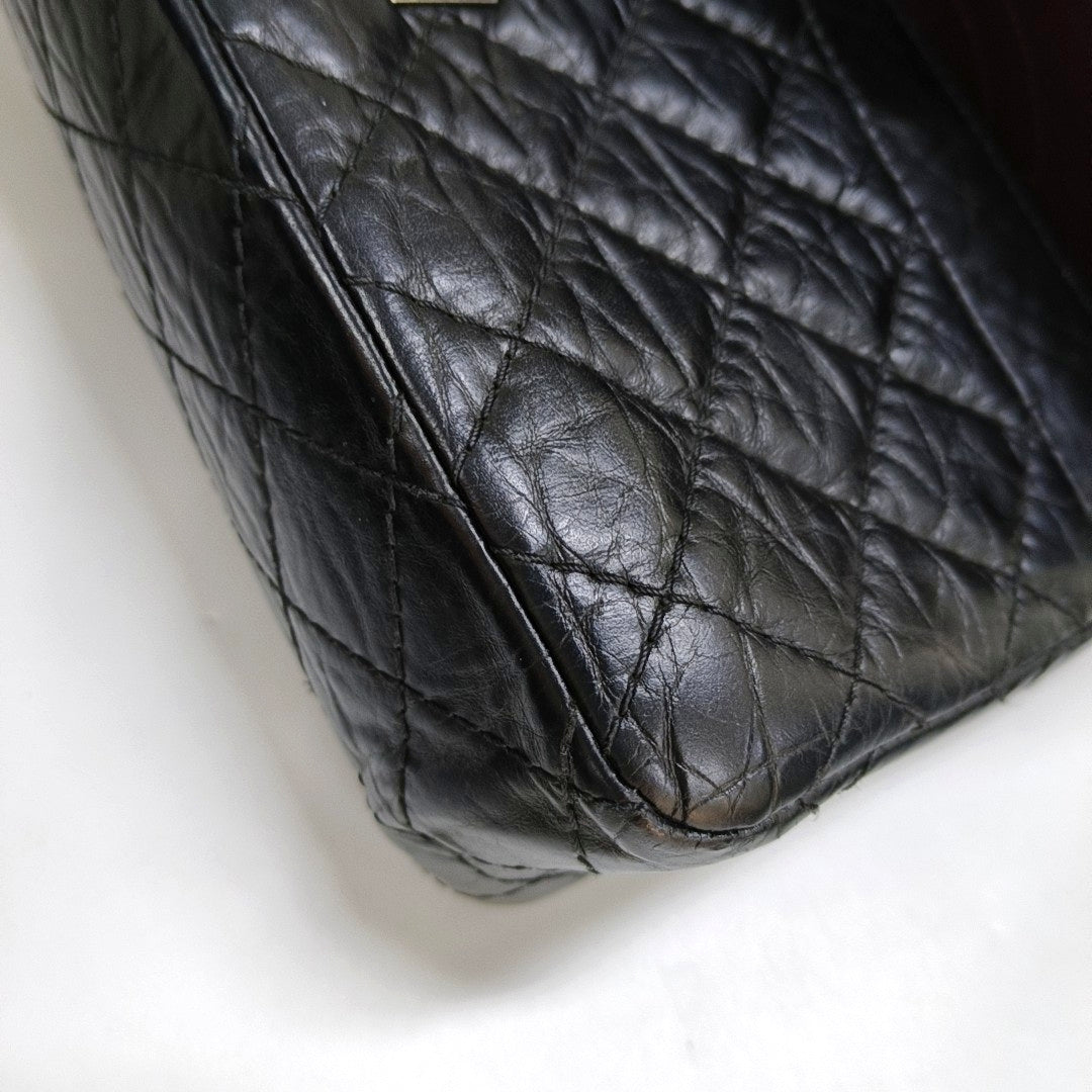 CHANEL 2.55 Small Black Leather Quilted Chain Shoulder Bag with Palladium Hardware, 13 Clasps-(SKU)-968740312