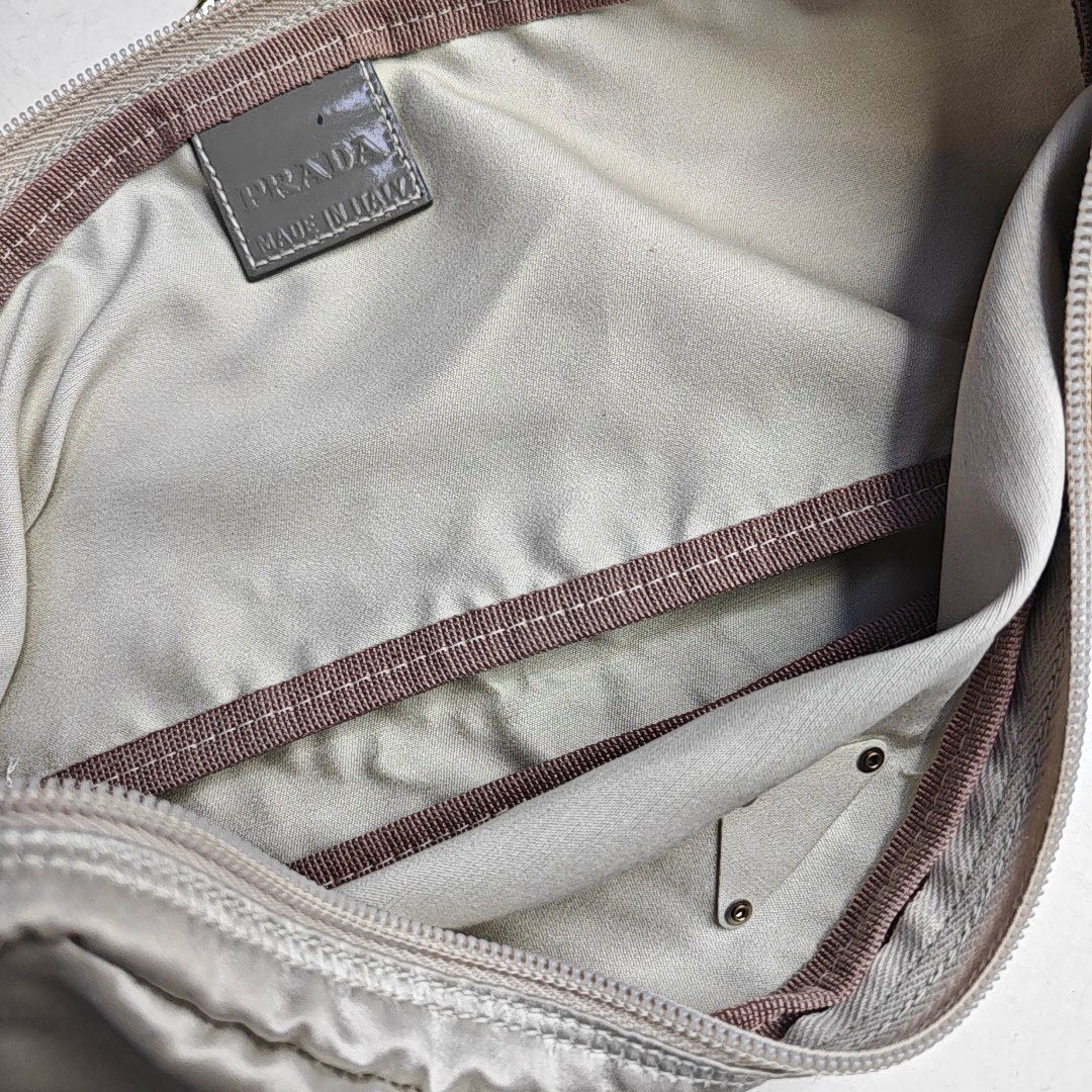 PRADA Silver Gray Satin Logo Single Shoulder Bag Golden hardware-(SKU)-958257769