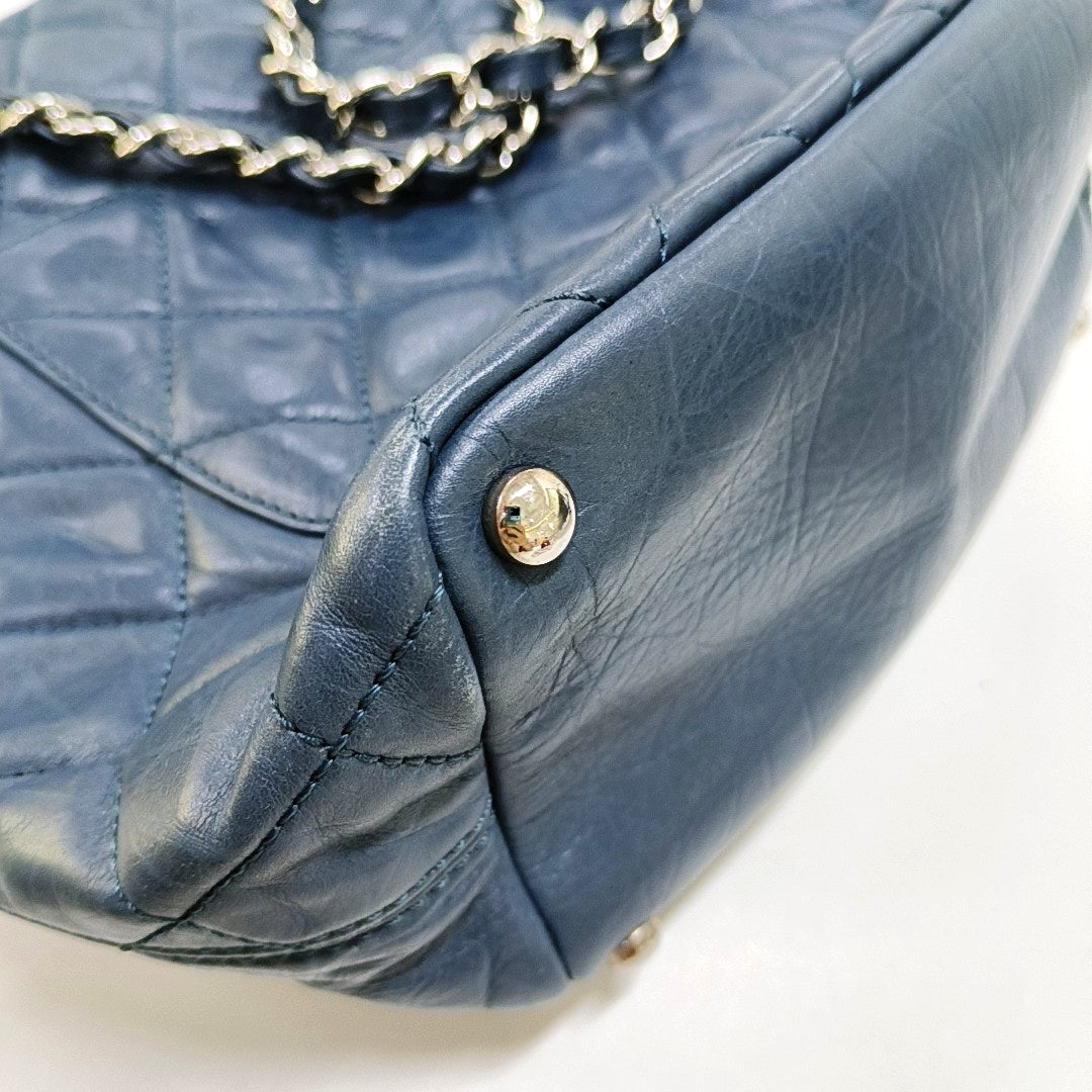 CHANEL CAMBON Blue Leather Quilted Diamond Pattern Single Shoulder Bag Silver Hardware 11 Clasp 2 Removable Shoulder Straps-(SKU)-966736811