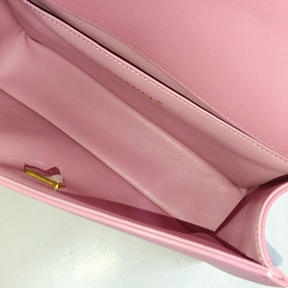 CHANEL BOY CHANEL Medium Size Pink Leather V-Shape Shoulder Bag Crossbody Bag Gold Hardware-(SKU)-953183002