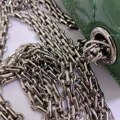 CHANEL 2.55 Small Green Patent Leather Quilted Chain Shoulder Bag with Silver Hardware, 14 Clasps-(SKU)-963604187