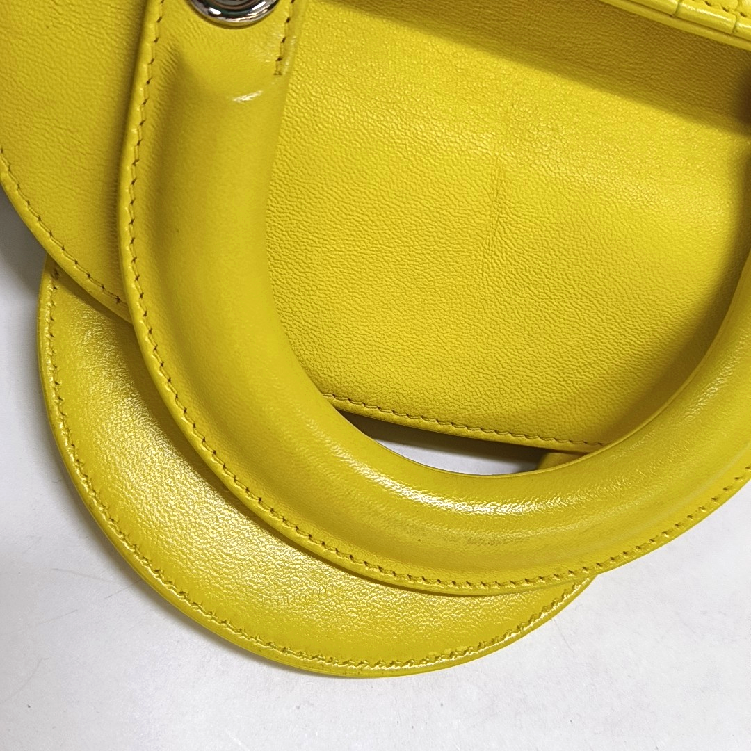 DIOR Lady Dior Small Size Yellow Lamb Skin Cannage Quilted Diaper Bag Crossbody Shoulder Bag Handbag Silver Hardware Removable Strap-(SKU)-962480744