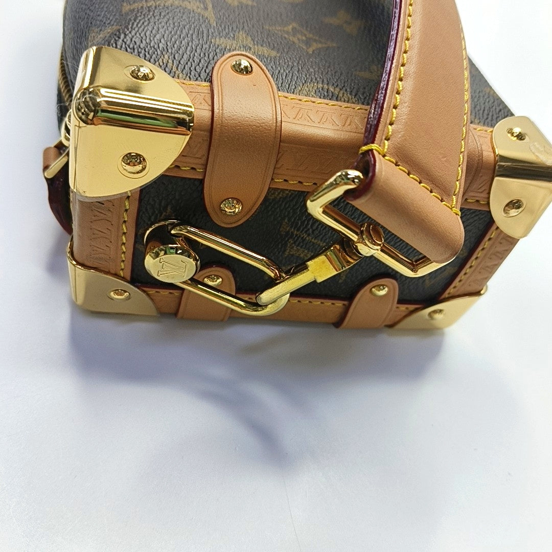 LOUIS VUITTON SIDE TRUNK Small Size Brown Coated Canvas Monogram Stud Soft Box Single Shoulder Bag Tote Bag Crossbody Bag with Detachable Straps-(SKU)-969906636
