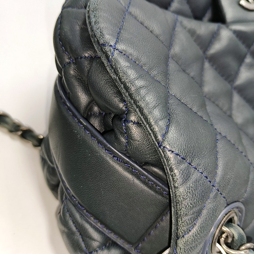 CHANEL CLASSIC FLAP Medium Deep Blue Lamb Skin Cannage Quilted Single Shoulder Bag Crossbody Bag Silver Hardware 18 Clasp-(SKU)-970159990