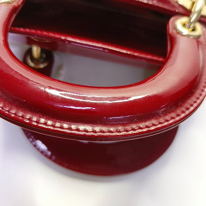 DIOR Lady Dior Mini Red Patent Leather Quilted Cannage Three-Panel Single Shoulder Bag Handbag Crossbody Bag Gold Hardware Removable Shoulder Strap-(SKU)-969715259