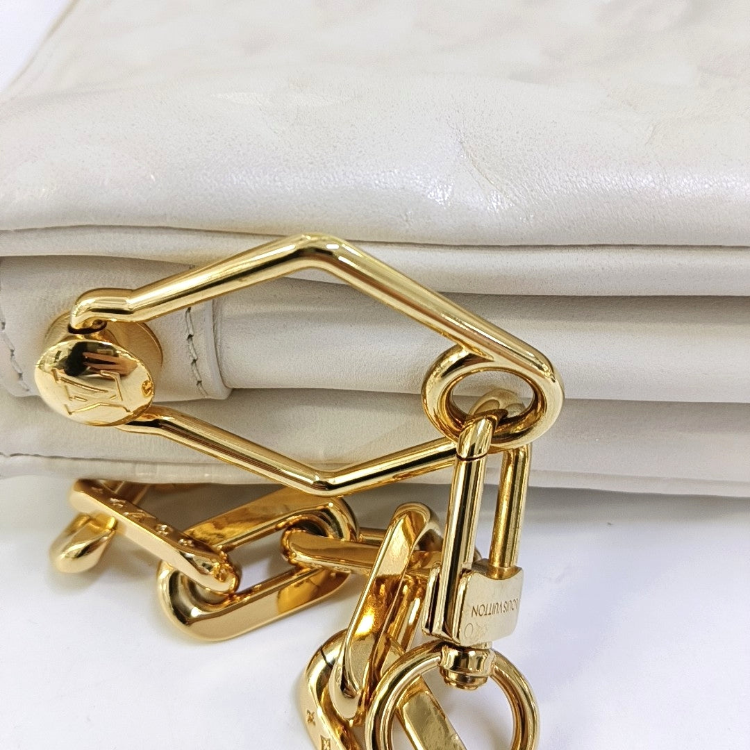 LOUIS VUITTON COUSSIN Small White Lamb Skin Embossed Crossbody Shoulder Bag Gold Hardware 2 Removable Straps-(SKU)-969252517