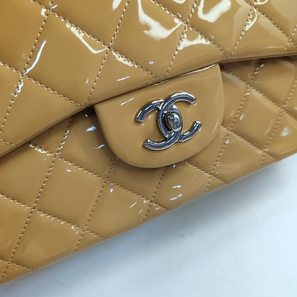 CHANEL CLASSIC FLAP Large Beige Patent Leather Quilted Diamond Pattern Shoulder Bag Handbag Crossbody Bag Silver Hardware 18 Clasp-(SKU)-947914762