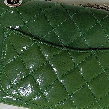 CHANEL 2.55 Small Green Patent Leather Quilted Chain Shoulder Bag with Silver Hardware, 14 Clasps-(SKU)-963604187