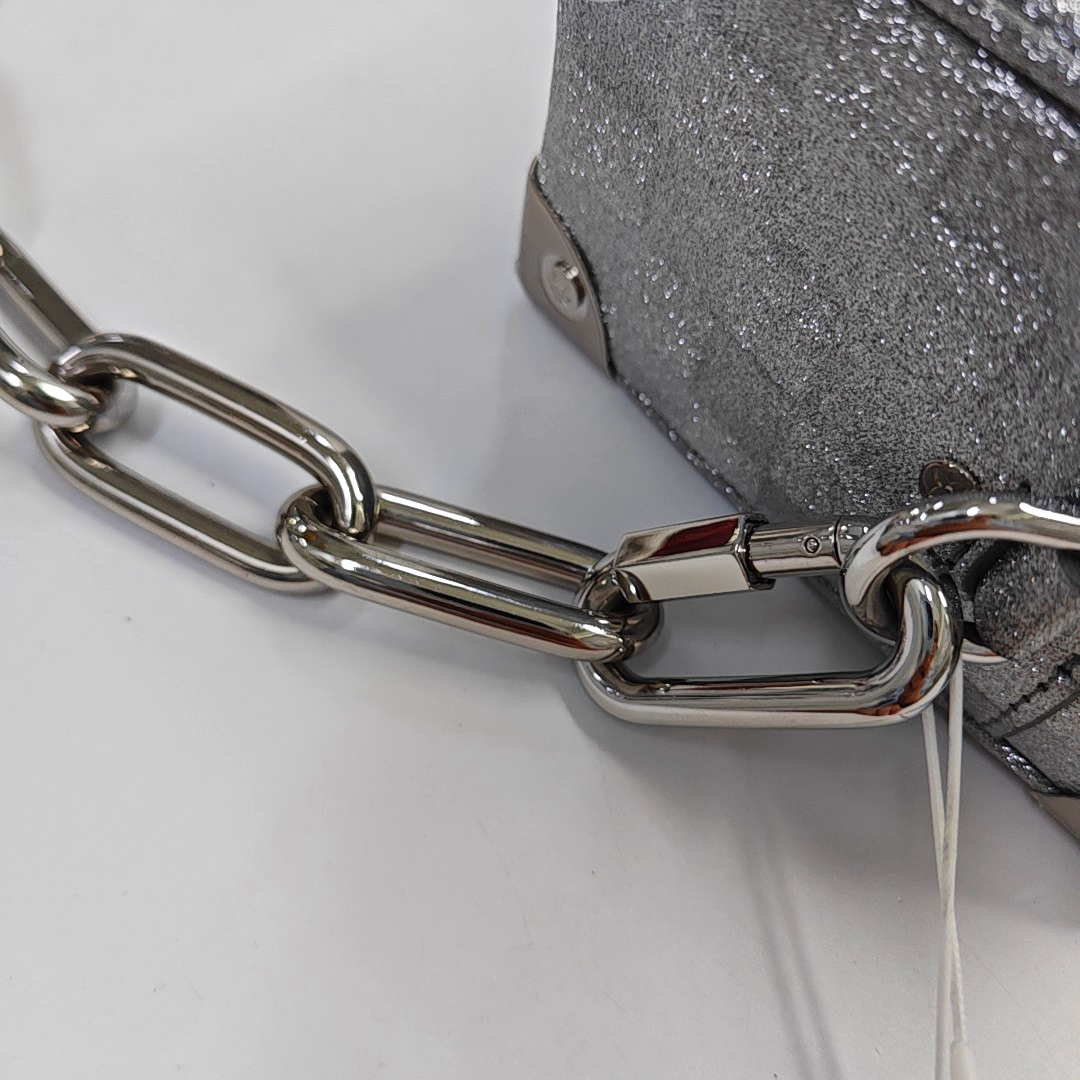 LOUIS VUITTON SOFT TRUNK Mini Silver Coated Canvas Chessboard Shoulder Bag, Handle Bag, Crossbody with Silver Hardware-(SKU)-947830801