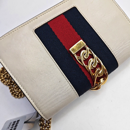 GUCCI Sylvie Super mini White Cowhide Stripe Strap Serbia Single Shoulder Bag Tote Golden hardware Removable shoulder strap-(SKU)-948580042