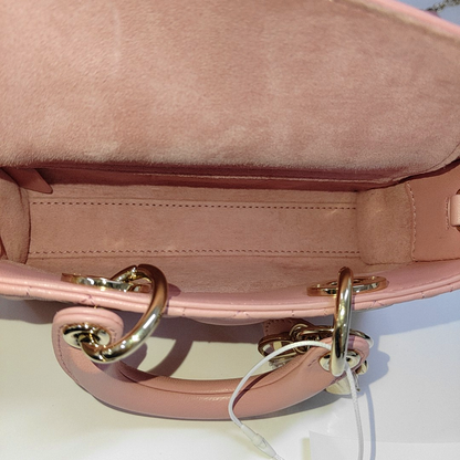 DIOR Lady D-Joy Super Mini Pink Lamb Skin Wicker Stitched Crossbody Shoulder Bag Handbag Tote Bag Golden Hardware 2 Removable Straps-(SKU)-962810919