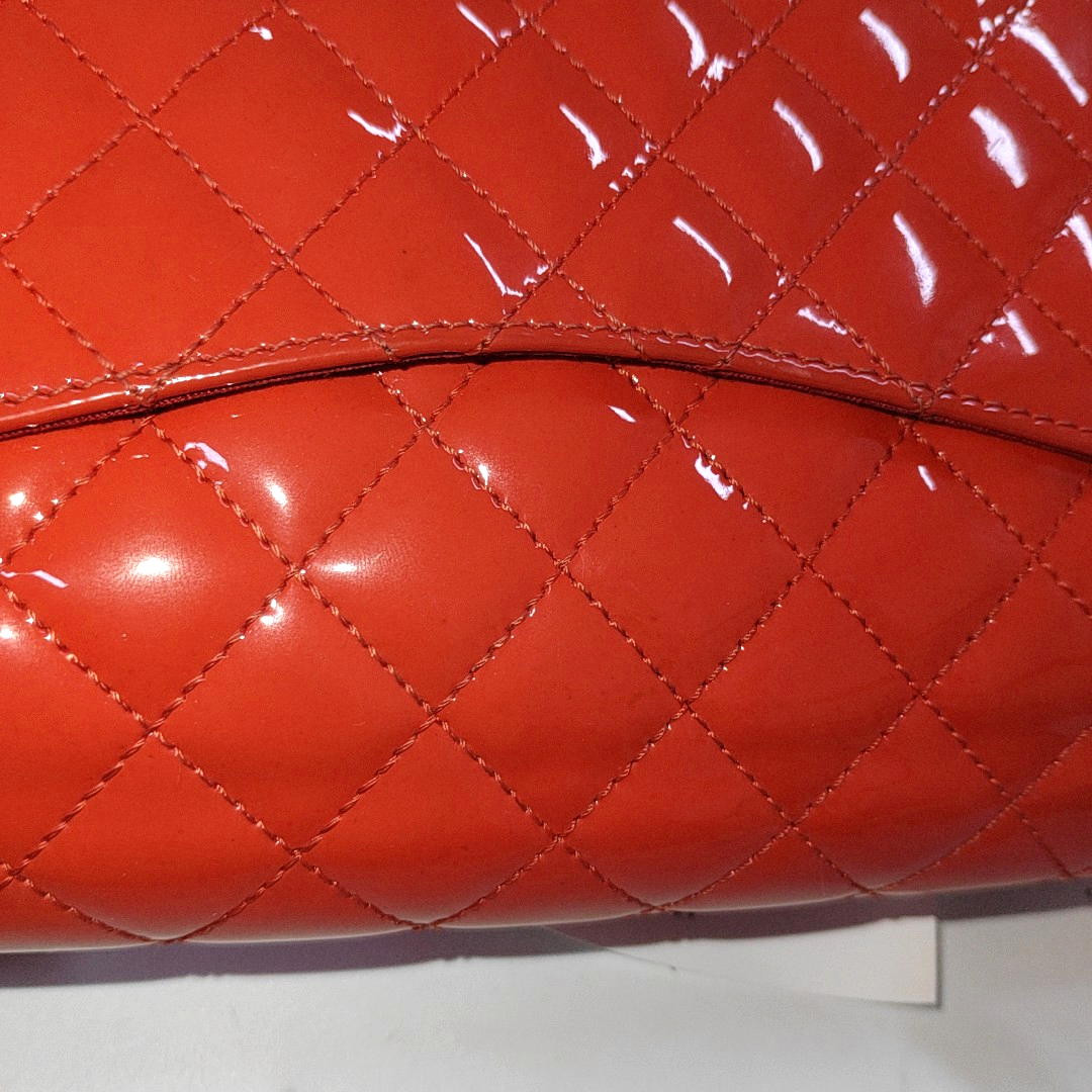 CHANEL CLASSIC FLAP medium size red patent leather quilted shoulder bag with 13 chain links, gold and black and red hardware-(SKU)-931805399